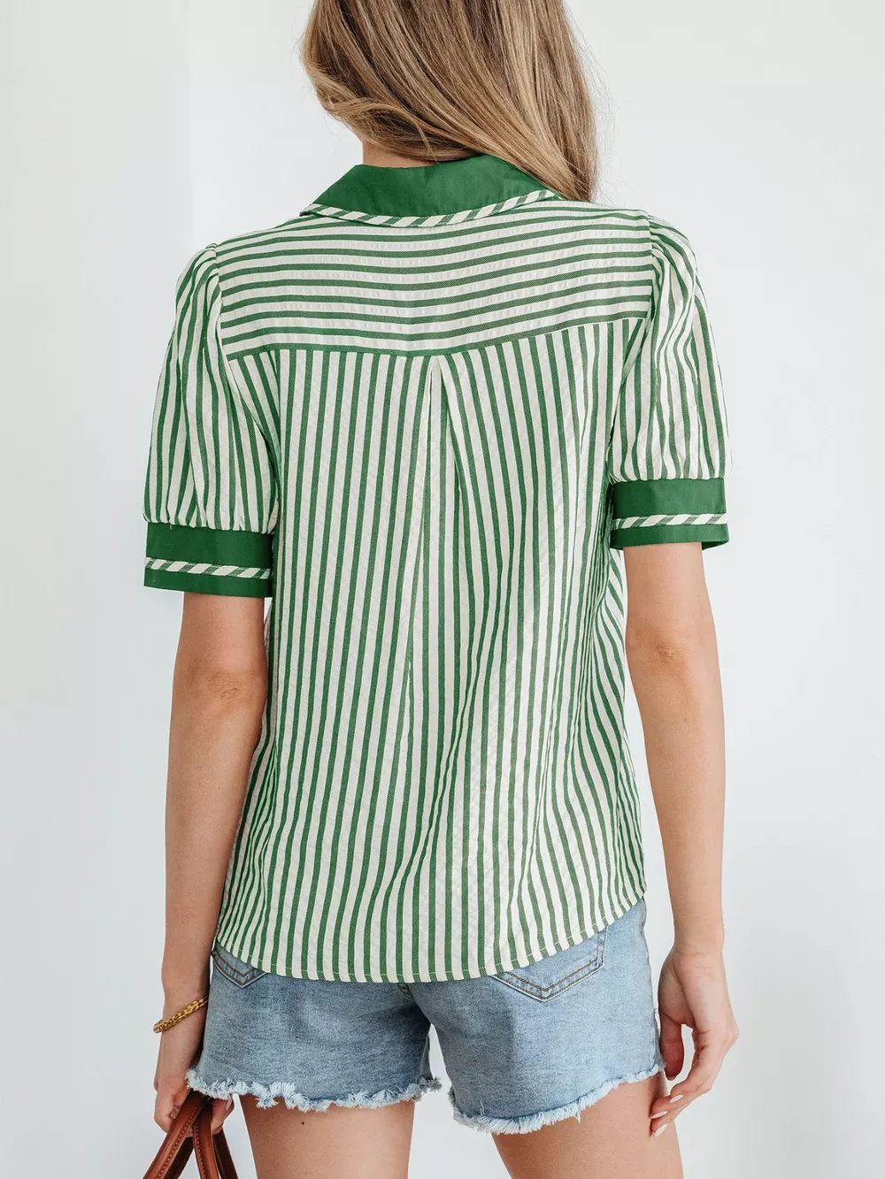 Stripe Collared Split Neck Short Bubble Sleeve Blouse, image 3