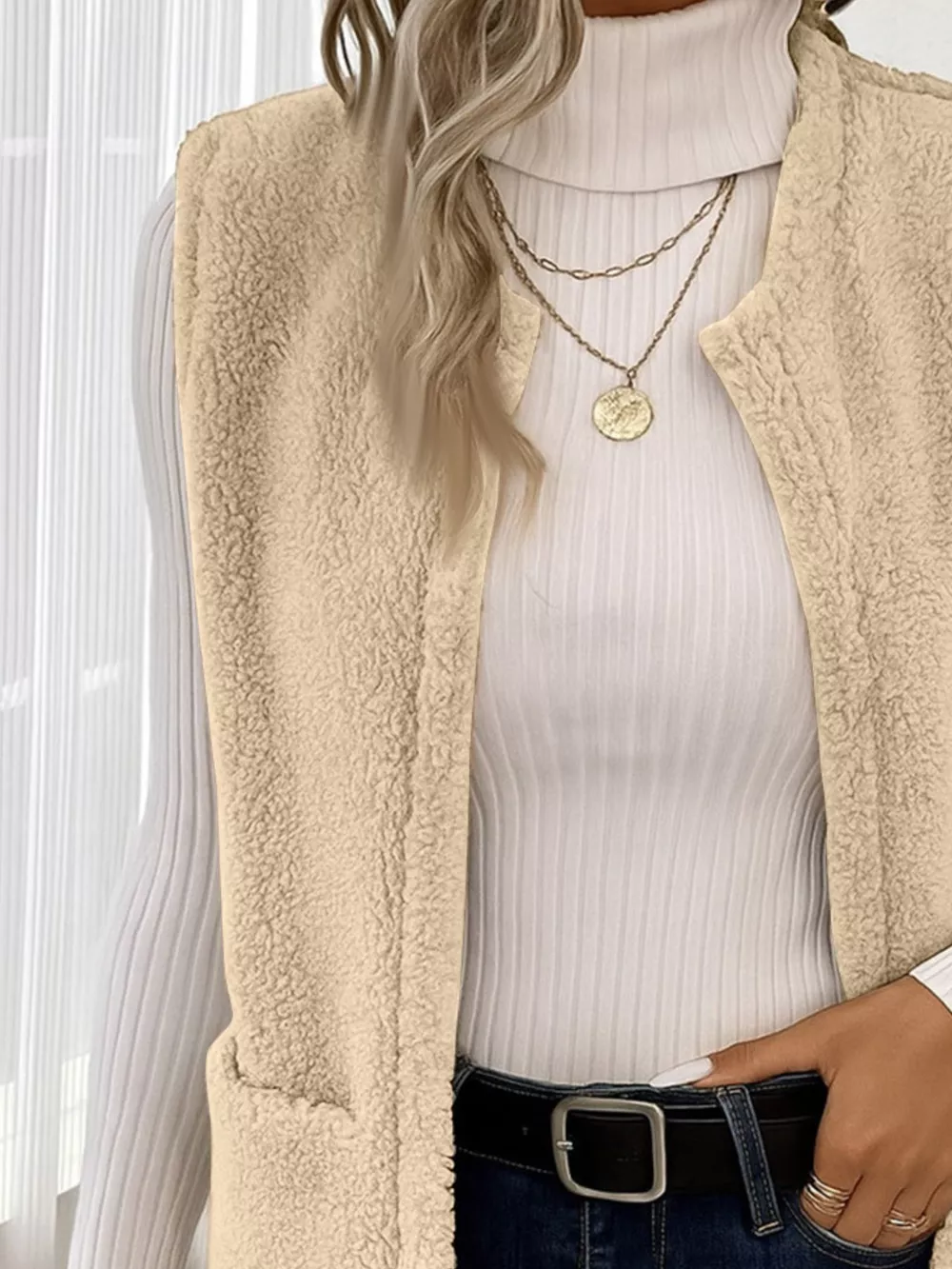 Sleeveless Fuzzy Fleece Vest Coat, image 3