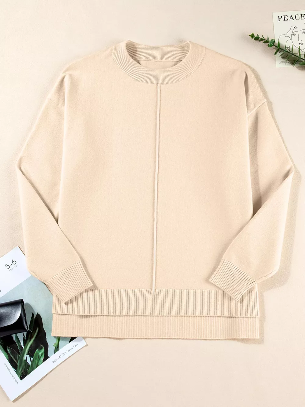 Front Center Seam Drop Shoulder Solid Sweater, image 7