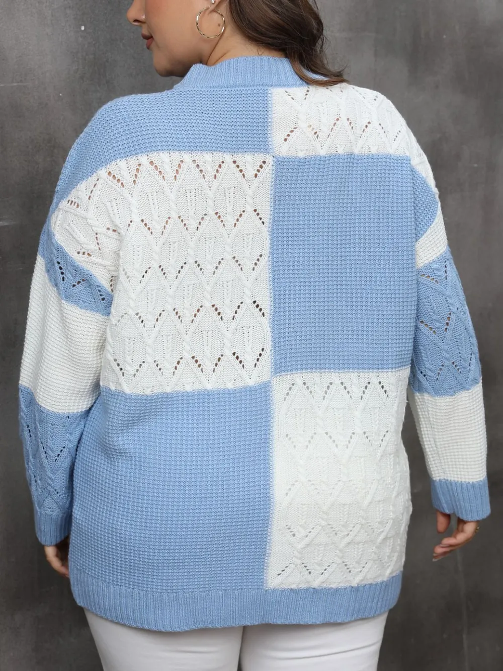 Plus Size Openwork Color Block Long Sleeve Sweater, image 2