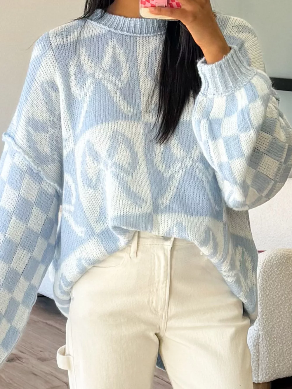 Checkerboard Bow Pattern Dropped Shoulder Sweater, image 3