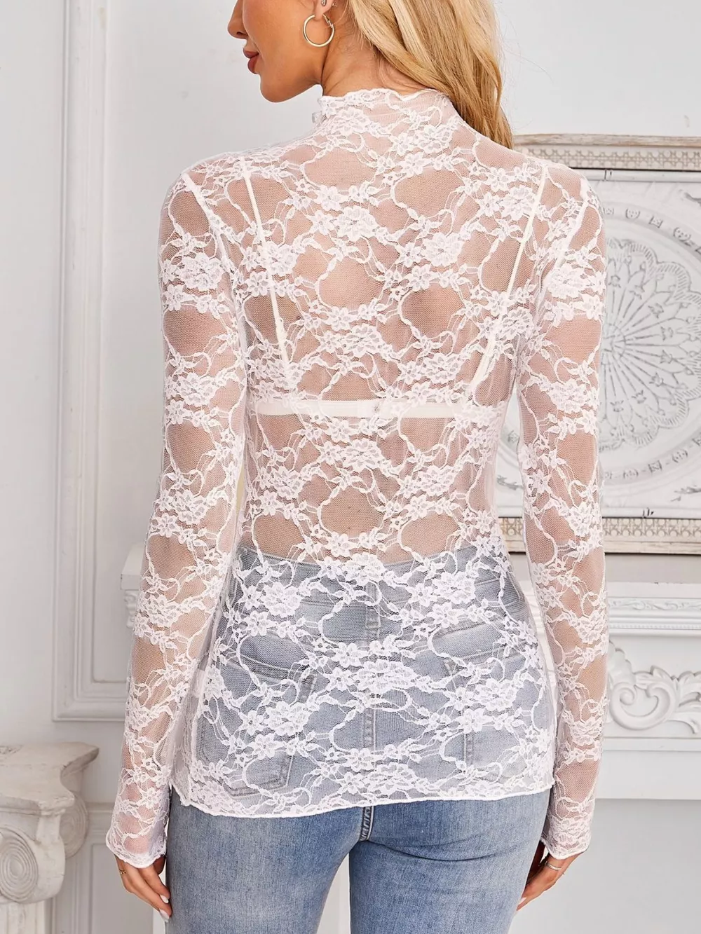 Sheer Floral Lace Long Sleeve Top, image 7