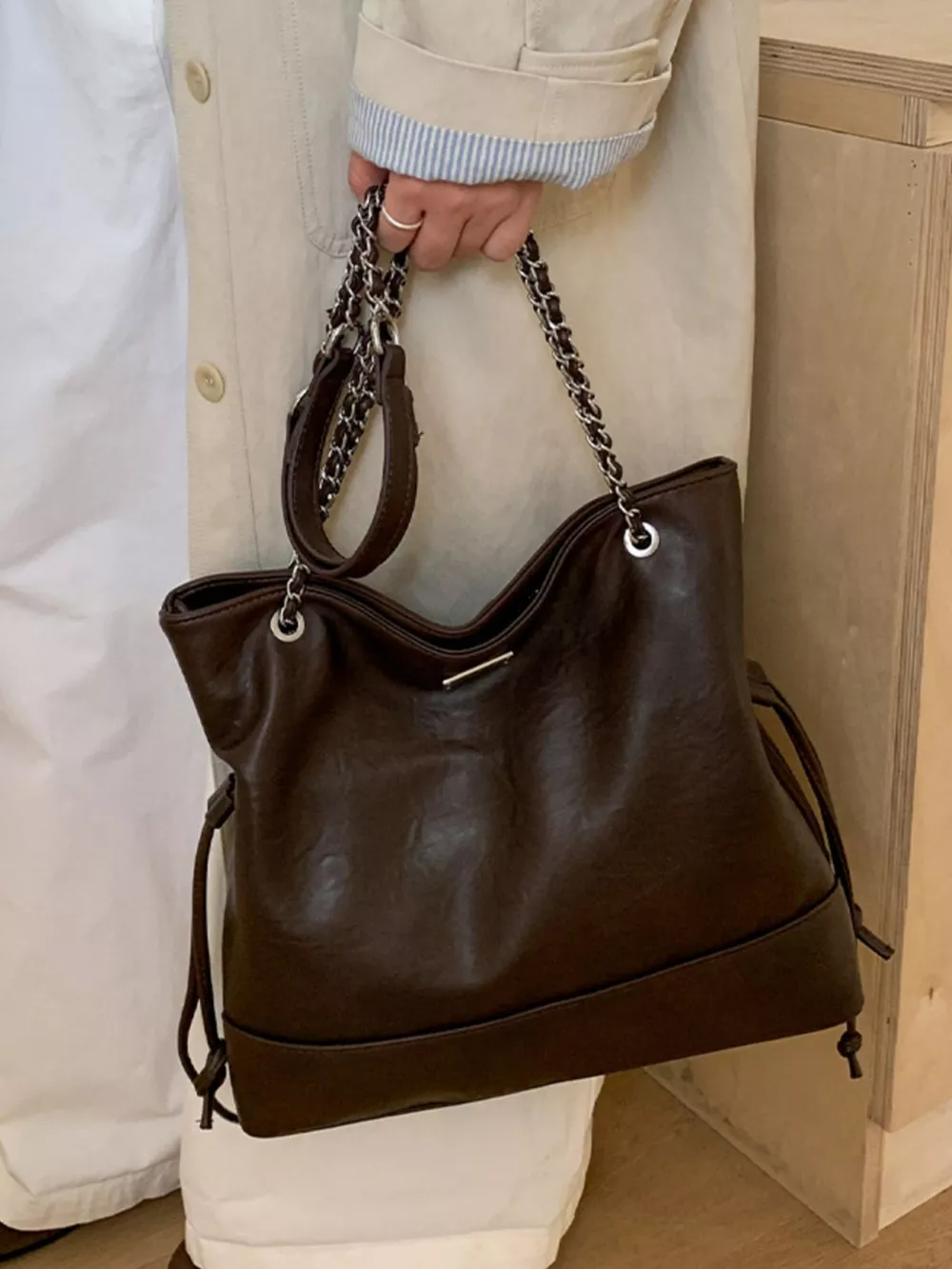 Chain Strap Faux Leather Tote Bag, image 3