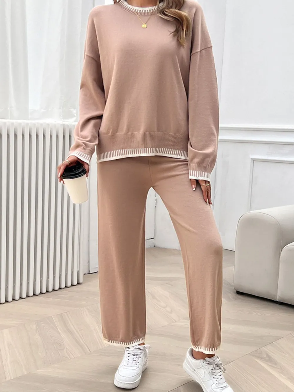 Round Neck Dropped Shoulder Top and Pants Sweater Set, image 5