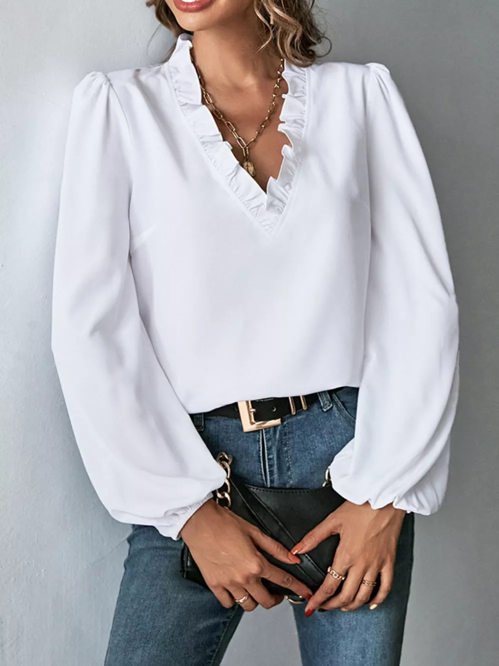 Ruffled Trim V-Neck Blouse, image 8