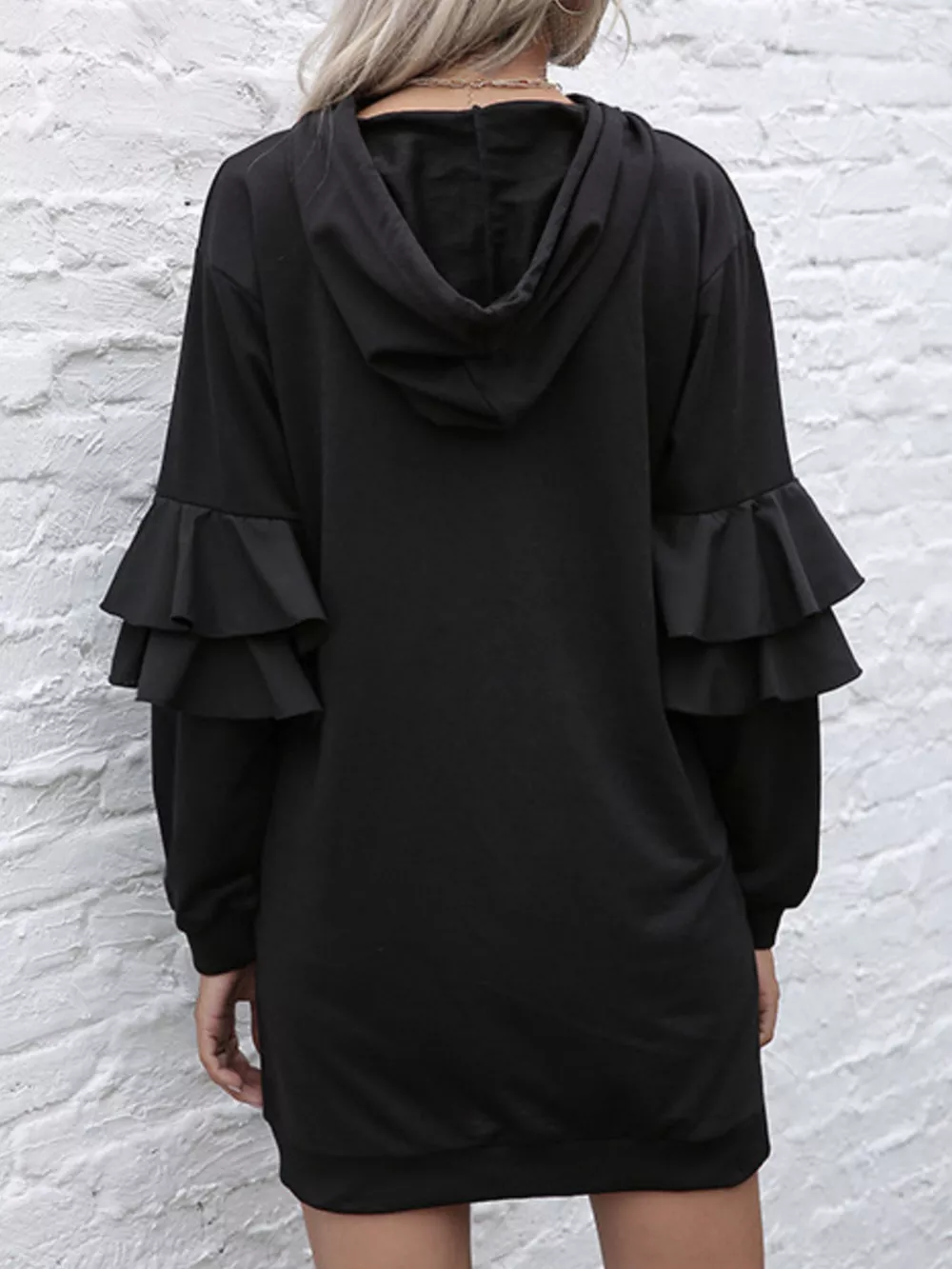 Ruffled Drawstring Long Sleeve Hooded Dress, image 4
