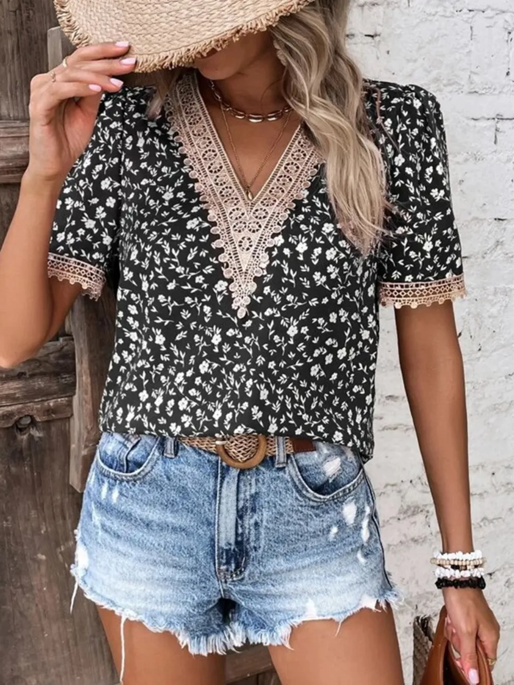 Full Size Printed V-Neck Short Sleeve Blouse, image 12