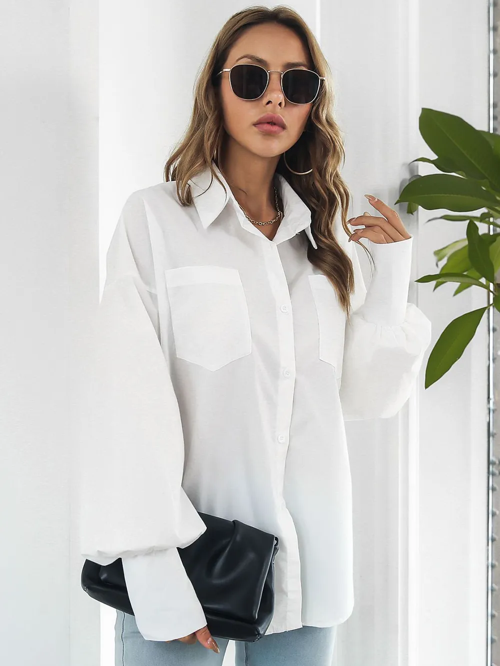 Button Up Dropped Shoulder Lantern Sleeve Shirt, image 11
