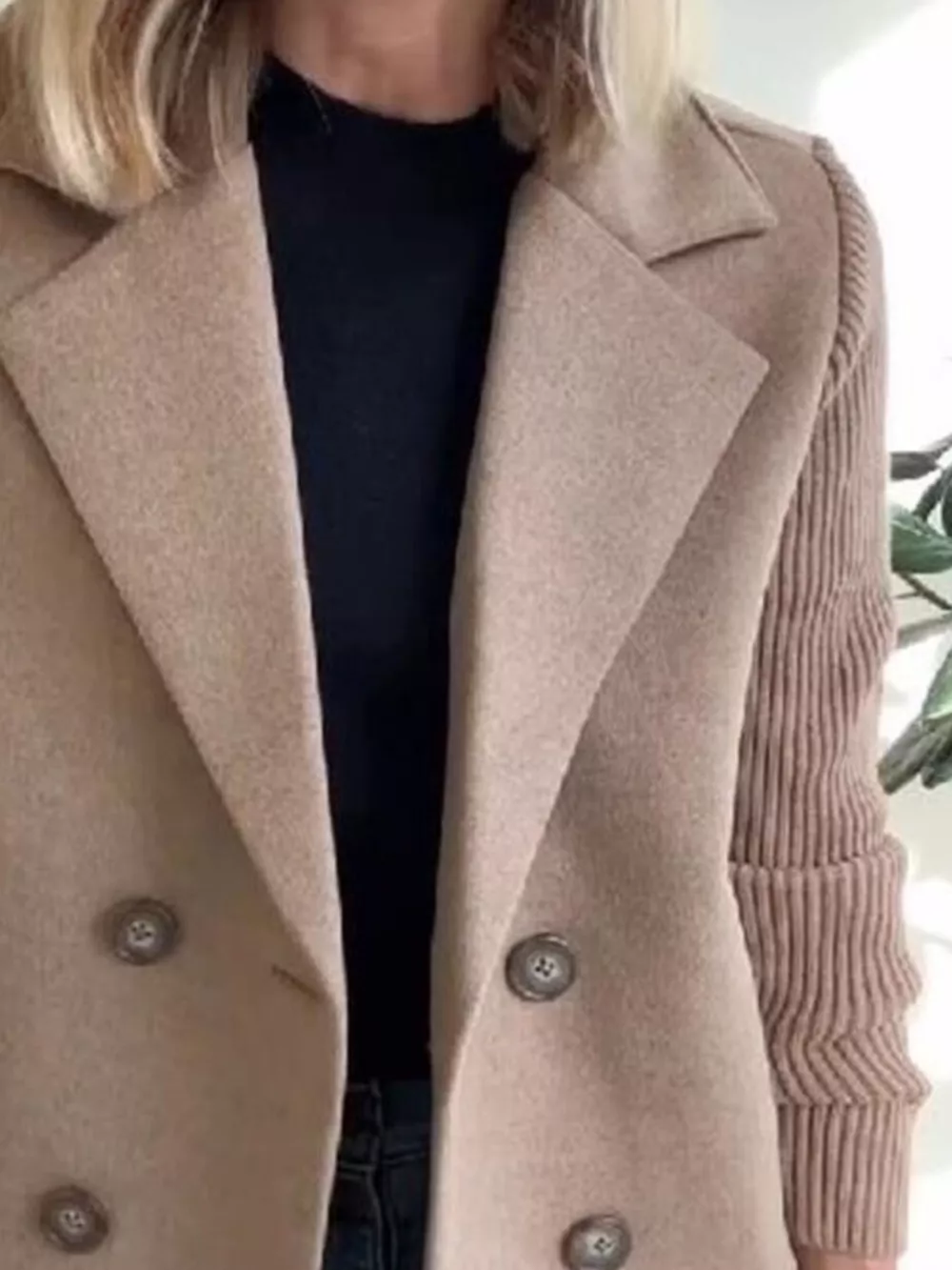 Full Size Knitted Sleeve Wool Blend Double-Breasted Blazer Plus Size, image 3