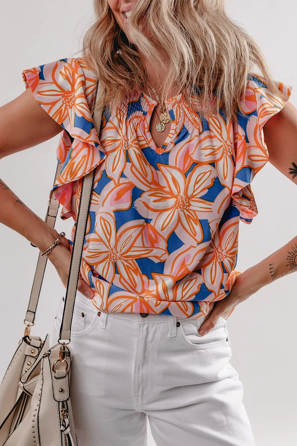 Flower Print Notched Neck Ruffle Sleeve Blouse, image 9