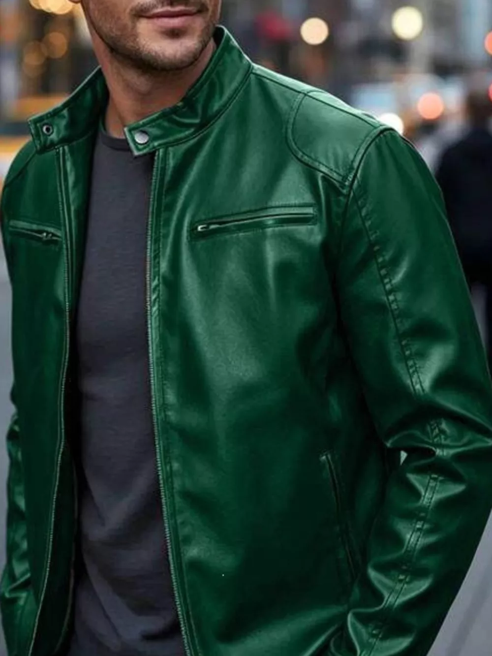 Men's Full Size Faux Leather Bomber Jacket with Zipper Pockets Plus Size, image 6