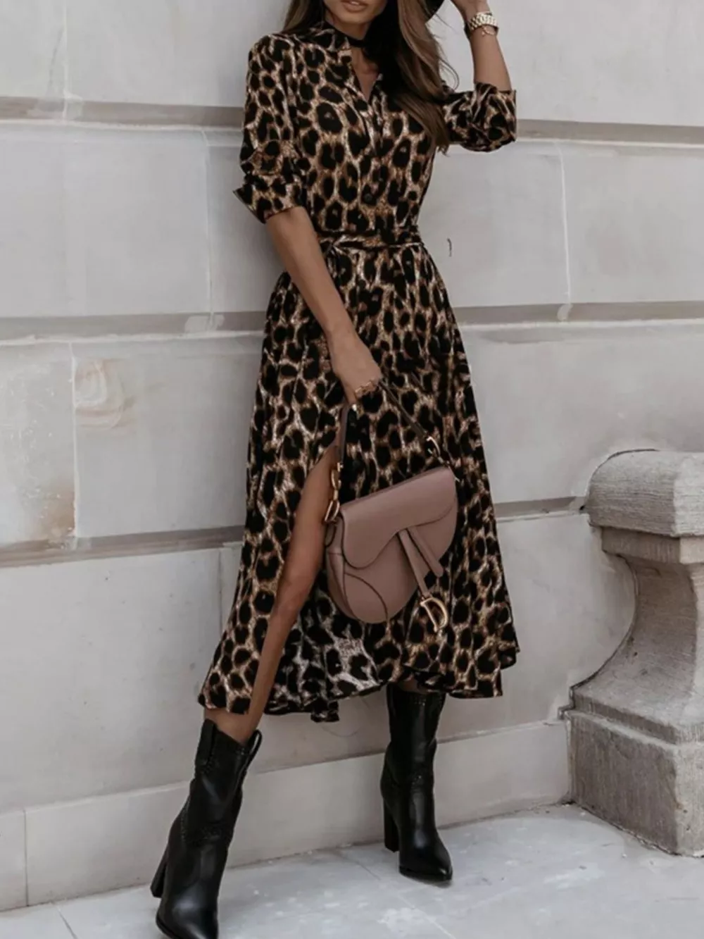 Leopard Print Button-Down Midi Dress with Belt, image 7