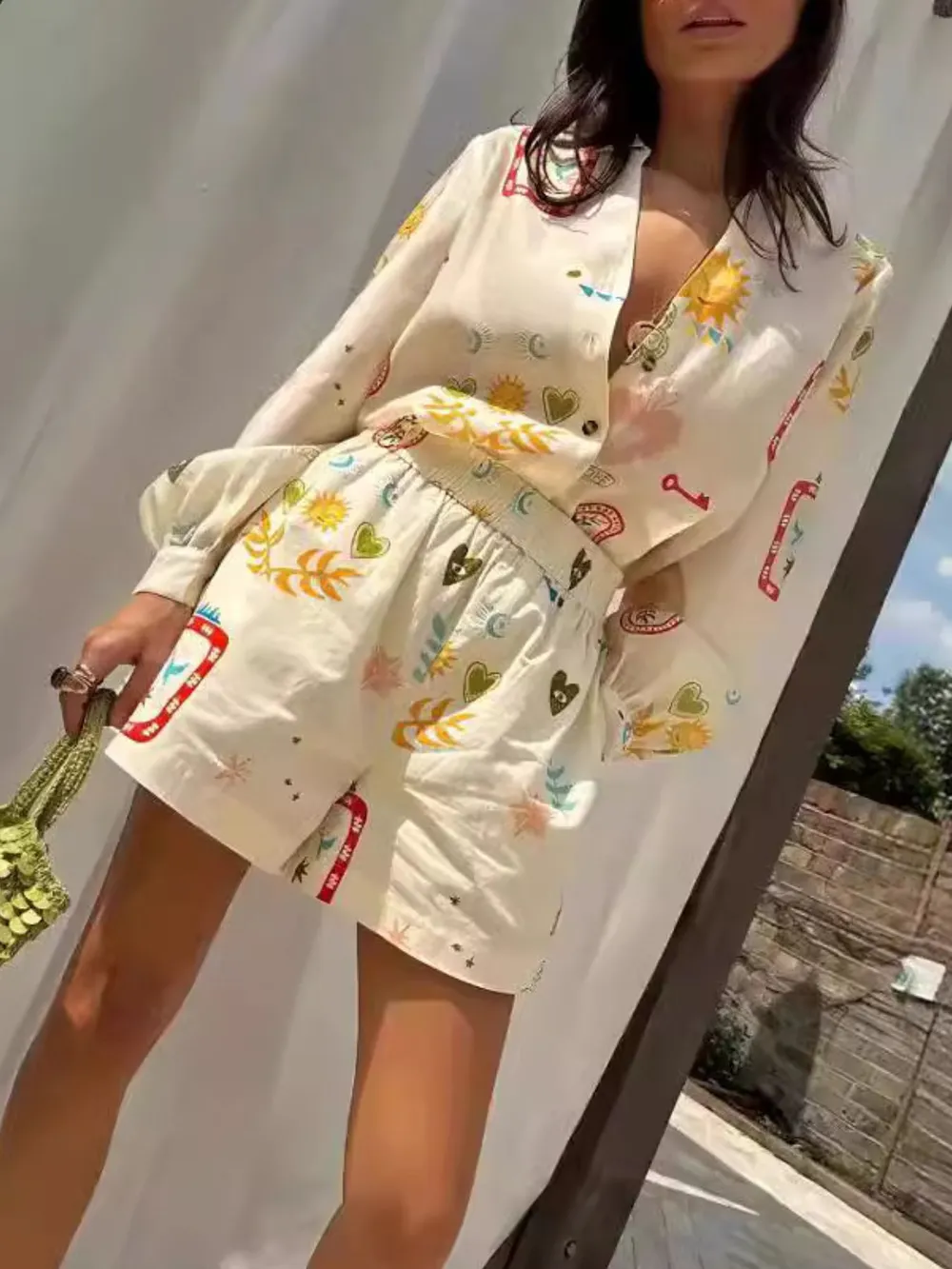 Printed Long Sleeve Shirt and Shorts Set, image 2