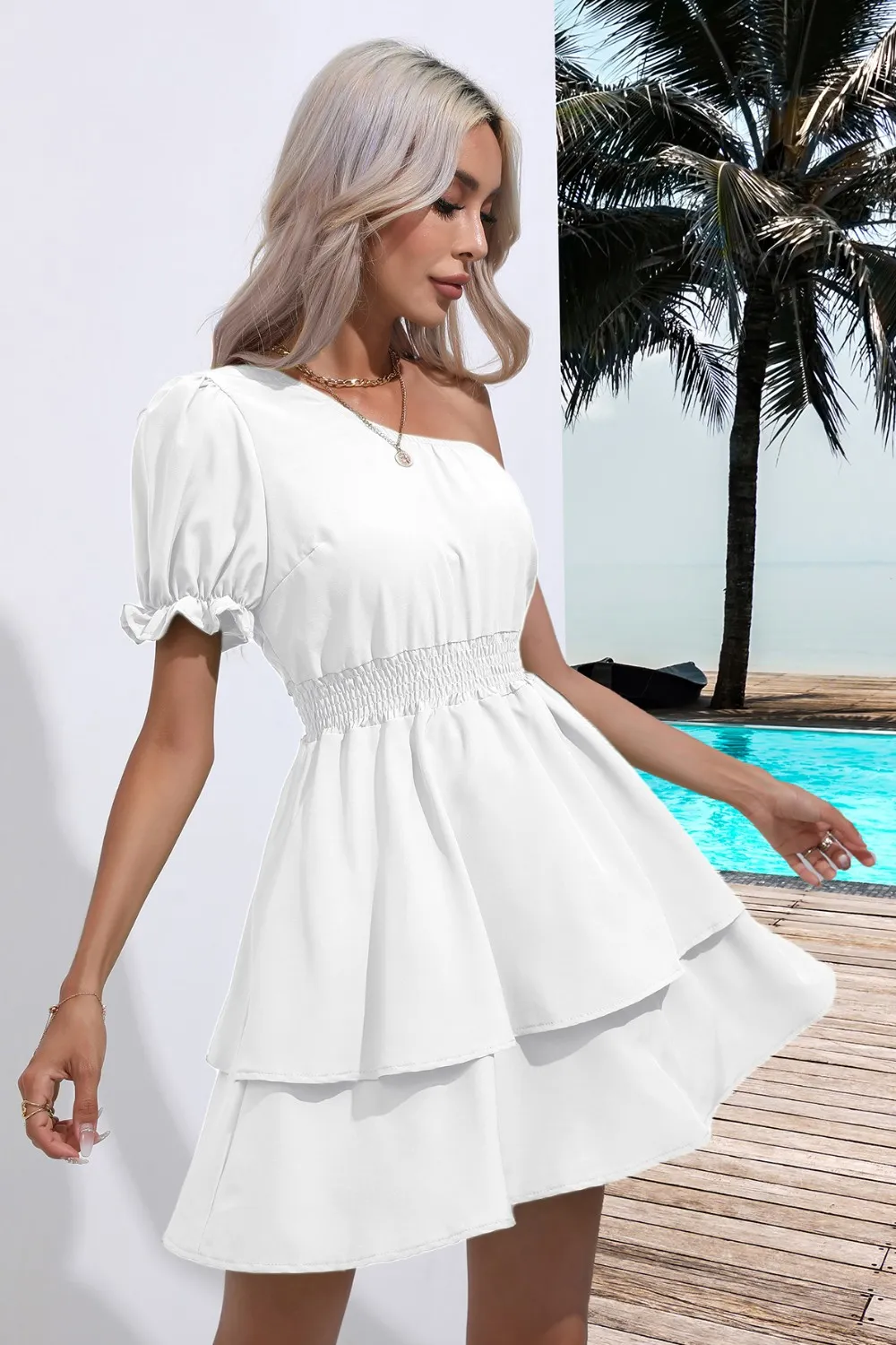 Layered Single Shoulder Flounce Sleeve Mini Dress, image 10