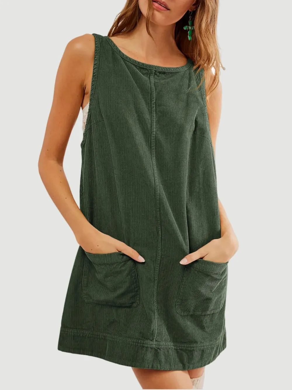 Round Neck Wide Strap Mini Dress with Pockets, image 14