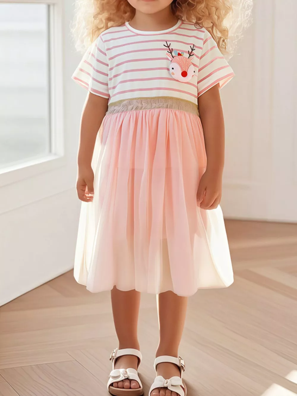 Children's Striped Tulle Dress with Reindeer Applique