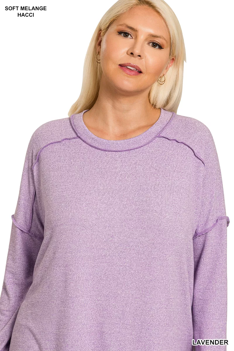 Full Size Melange Hacci Exposed Seam Hi-low Tee Plus Size, image 4