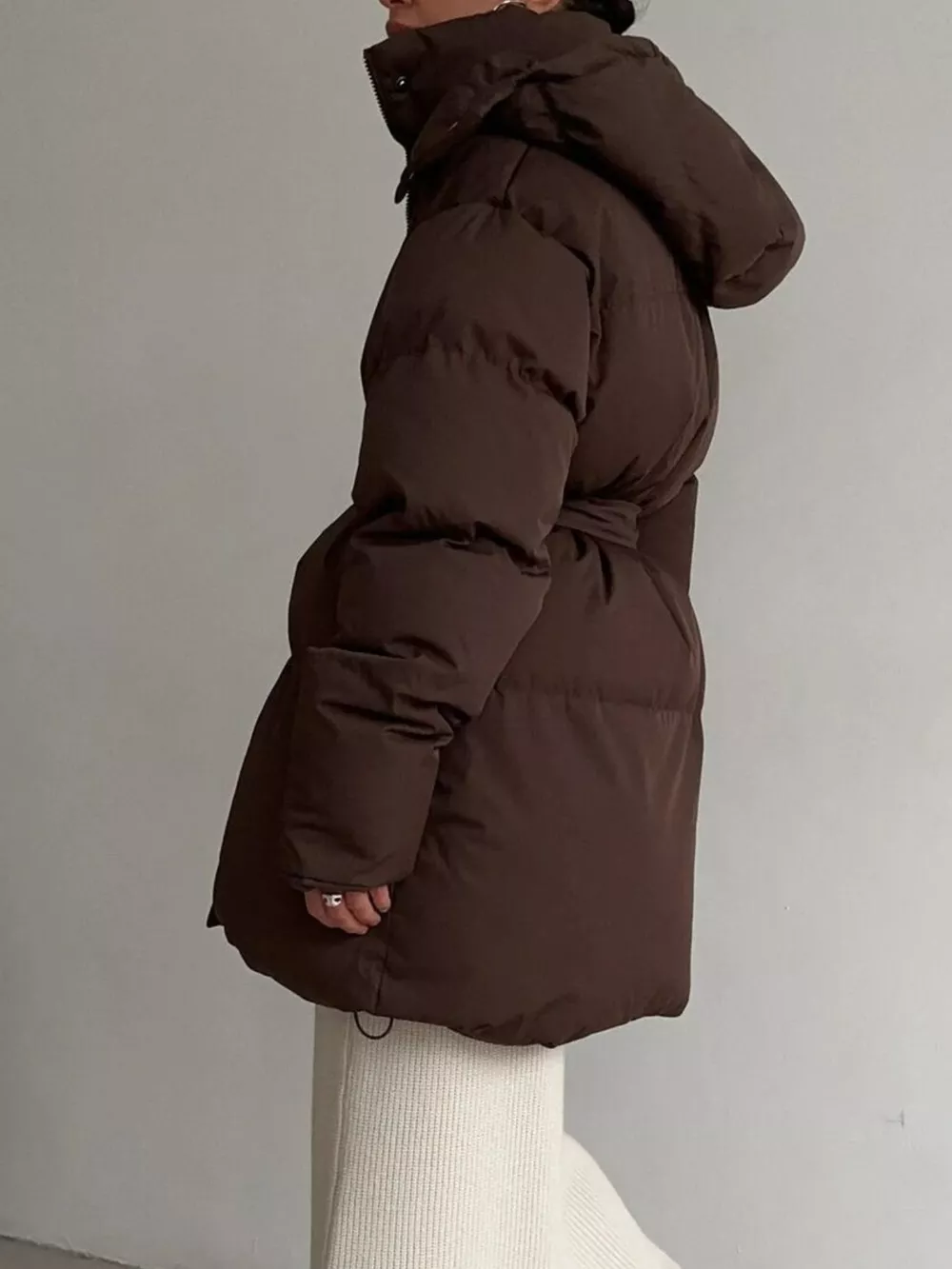 Mid-Length Thickened Hooded Winter Coat with Belted, image 6