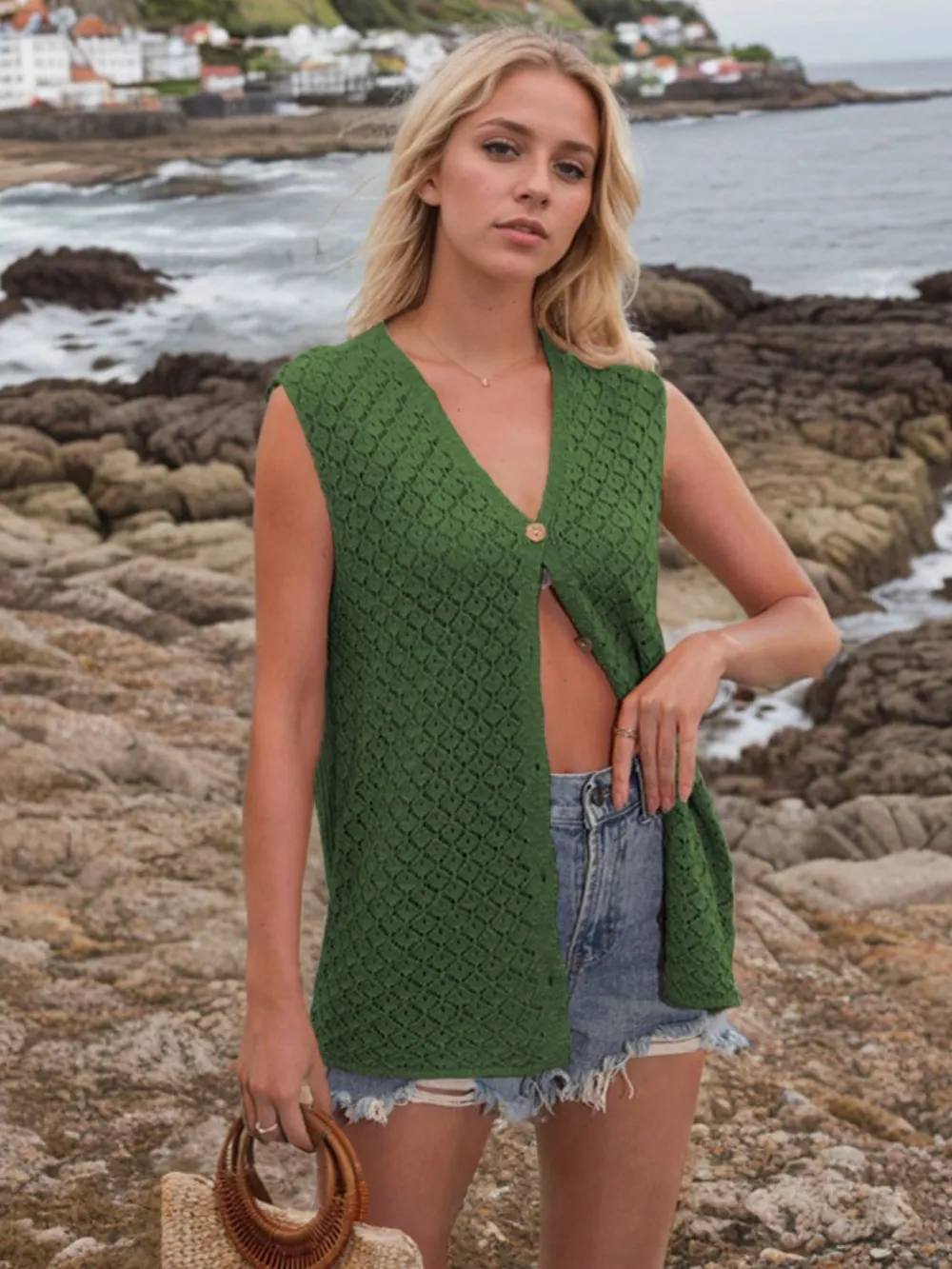 Button Down Eyelet V-Neck Sweater Vest, image 15