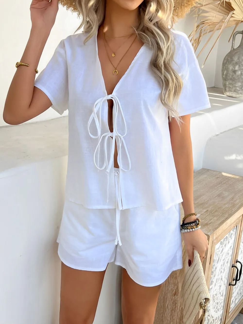 Tied V-Neck Short Sleeve Top and Shorts Set, image 10