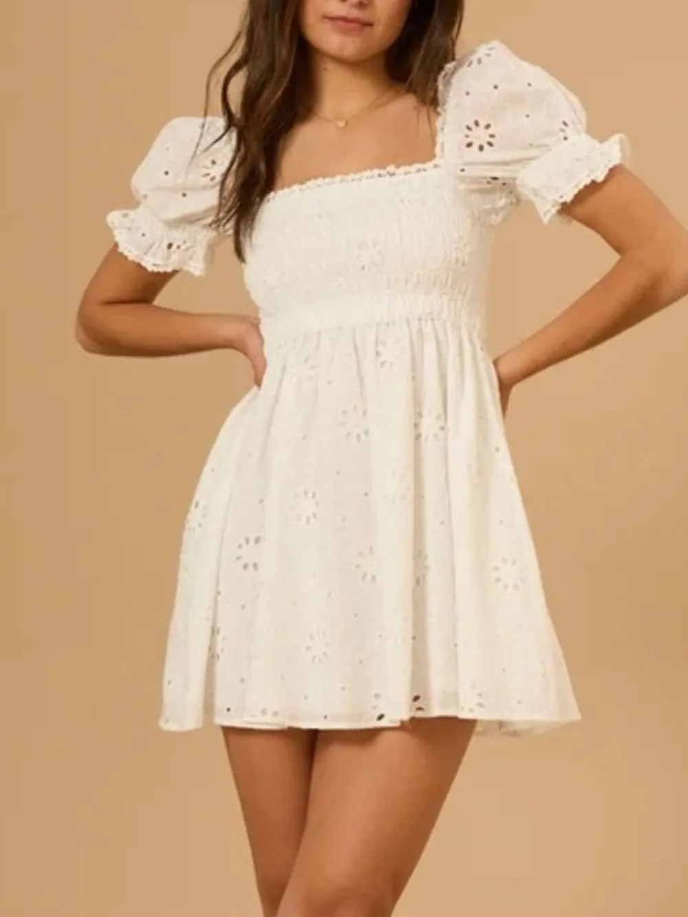 Eyelet Puff Sleeve Smocked Mini Dress, image 10