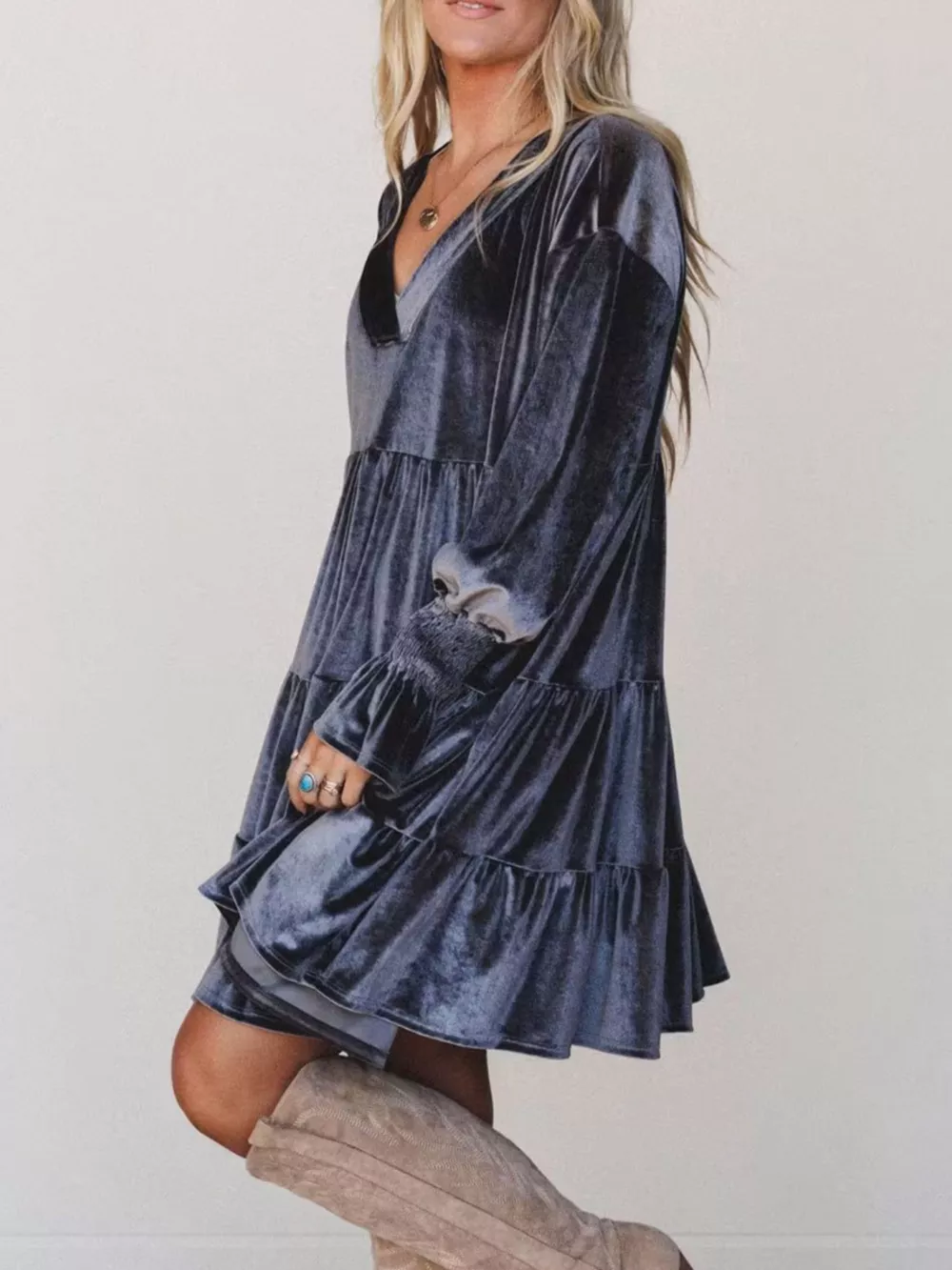Velvet Tiered Mini Dress with Balloon Sleeves, image 13