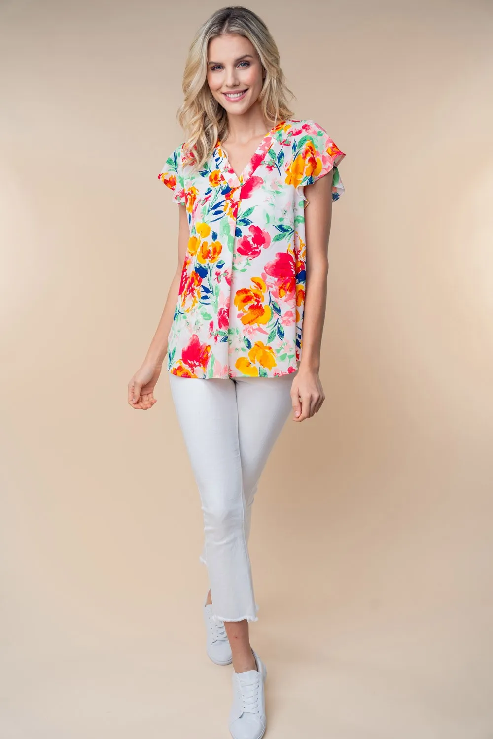 Full Size Short Sleeve Floral Woven Top, image 4