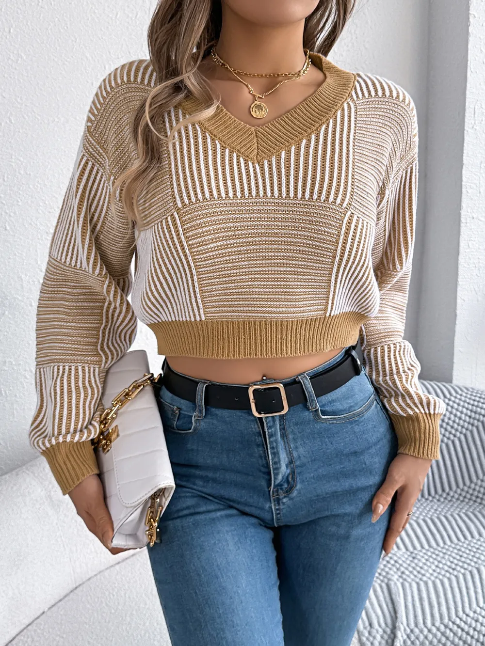 Striped V-Neck Long Sleeve Sweater, image 8