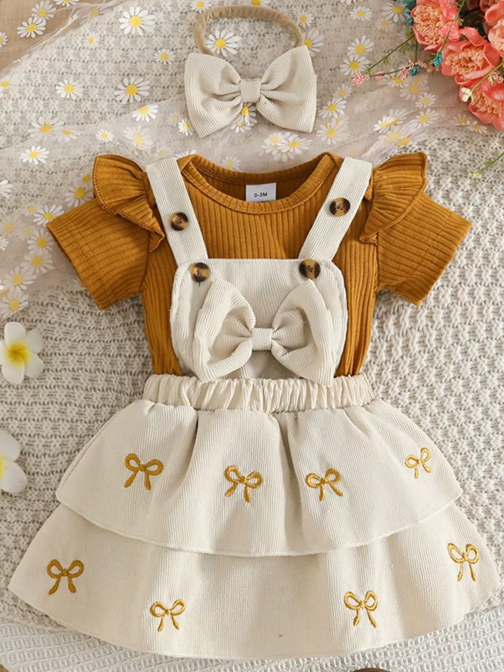 Children's Ribbed Top & Bow Decor Suspender Dress & Headband Set
