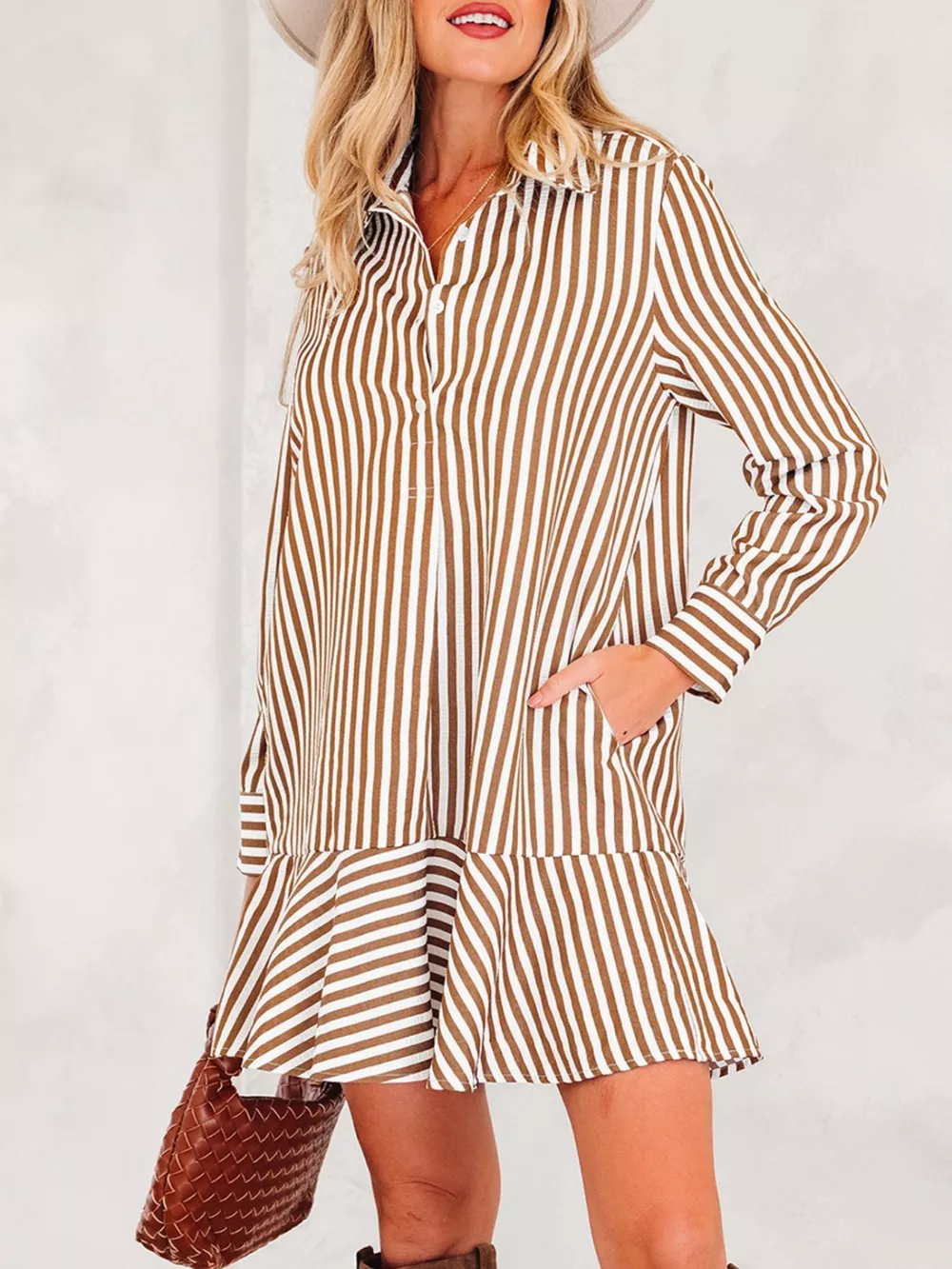 Striped Ruffle Hem Shirt Dress
