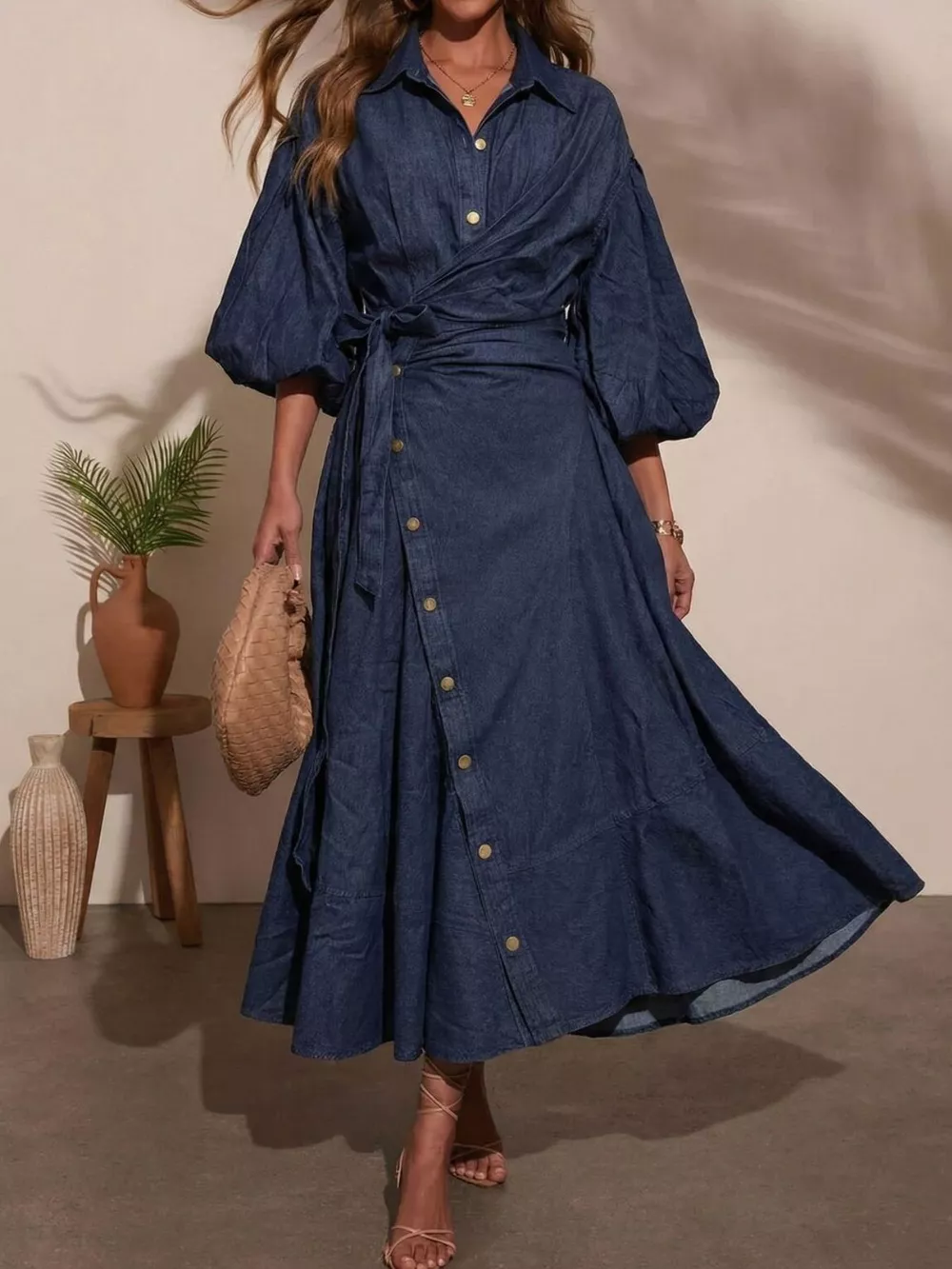 Long Sleeve Wrap-Front Denim Dress, image 5