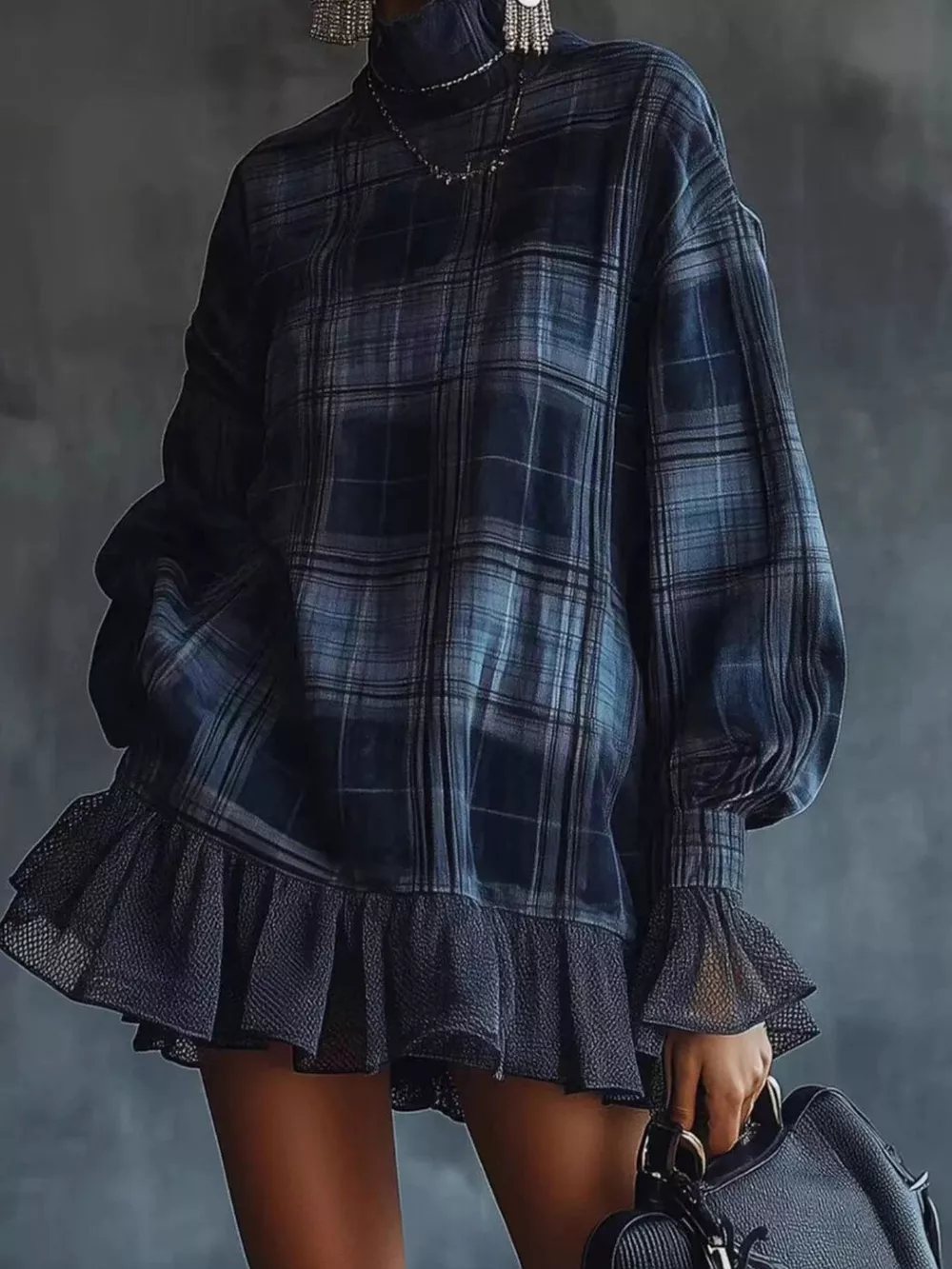 Full Size Plaid High-Neck Ruffled Hem Mini Dress Plus Size, image 3