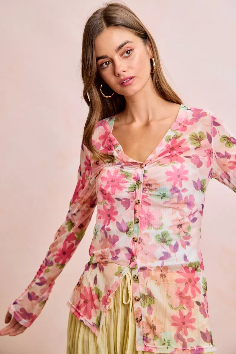 BiBi Floral Shrried Detail Button Up Mesh Cardigan Top, image 9