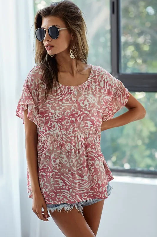 Leopard Print Gauze Woven Flutter Sleeve Blouse, image 2