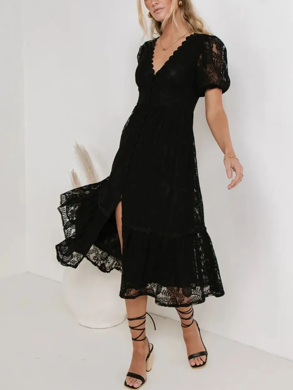 Lace V-Neck Short Sleeve Dress, image 15