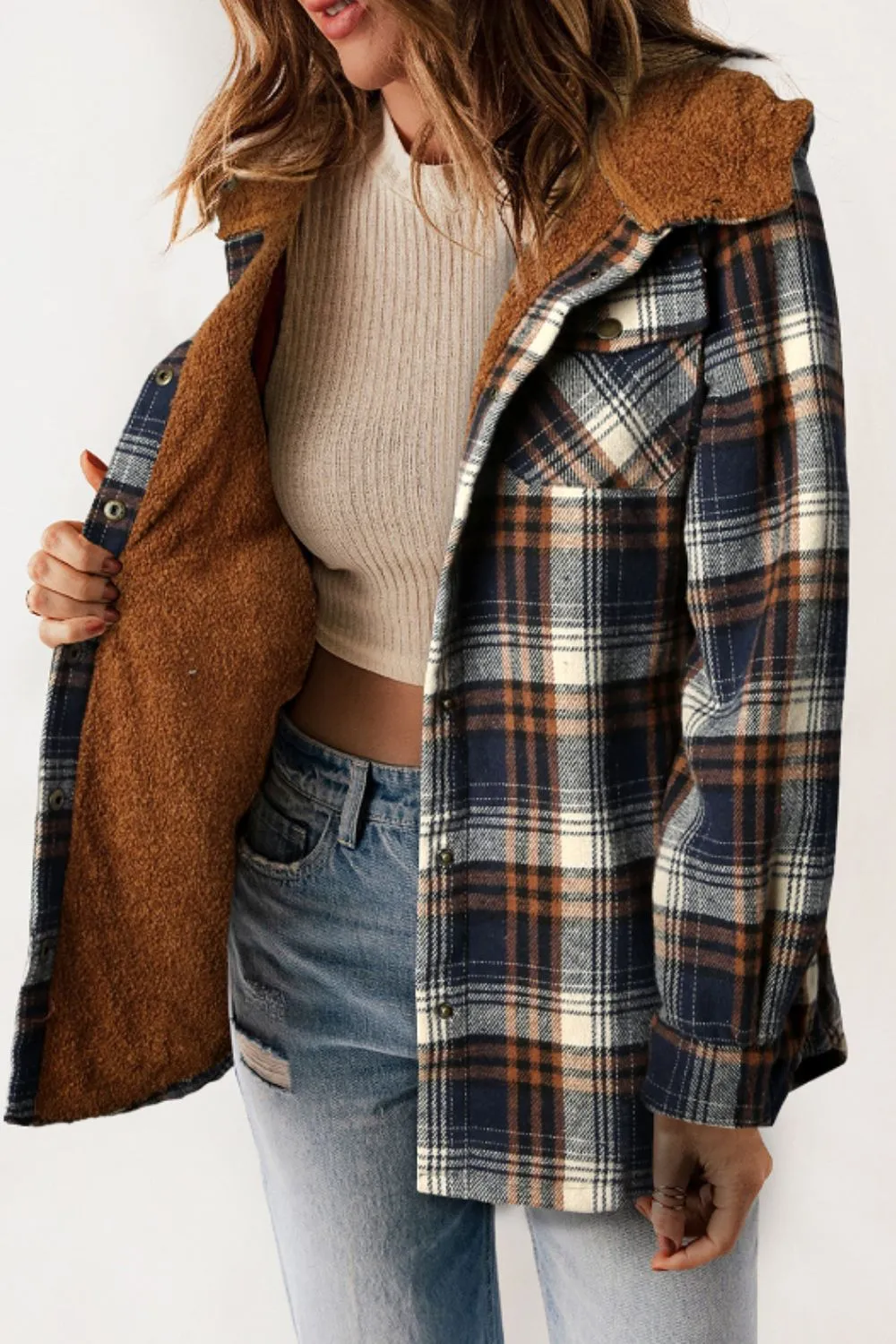 Plaid Button Up Long Sleeve Hooded Jacket, image 9