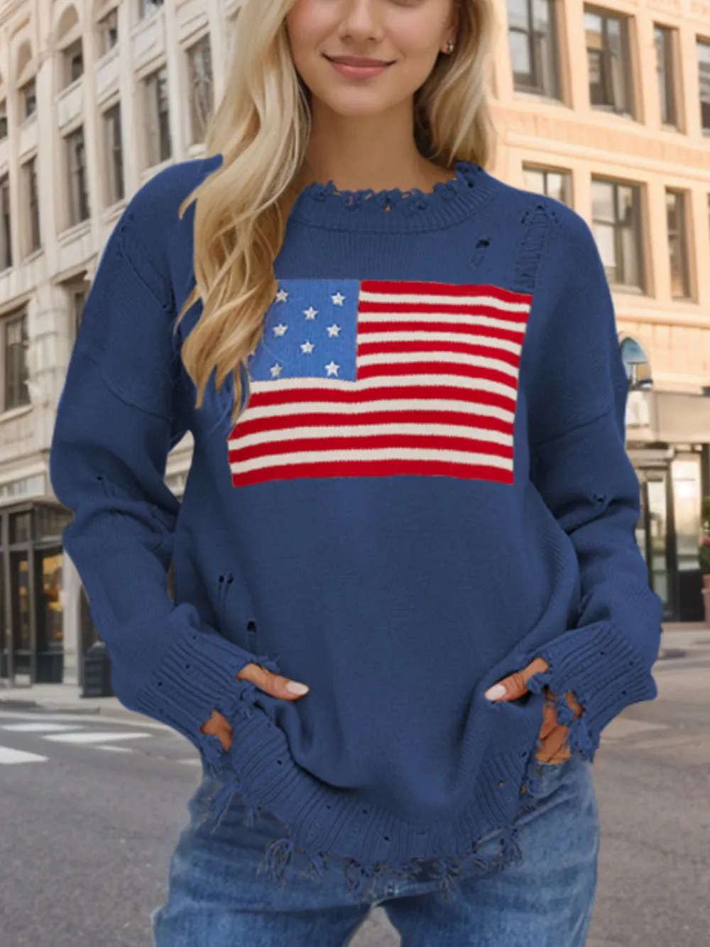 US Flag Distressed Round Neck Long Sleeve Sweater, image 4