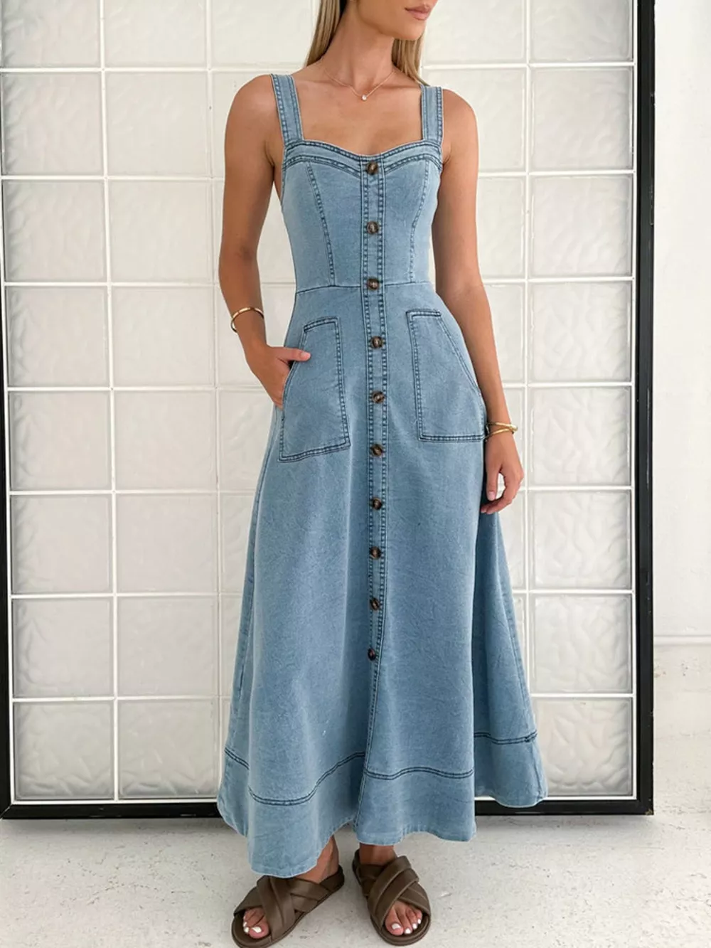 Decor Button Front A-Line Denim Dress, image 4