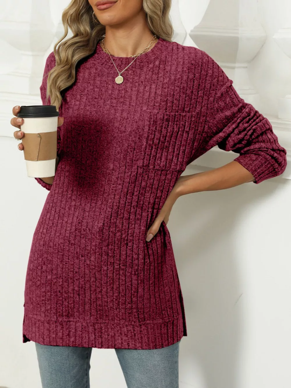 Ribbed Knit Round Neck Sweater, image 21