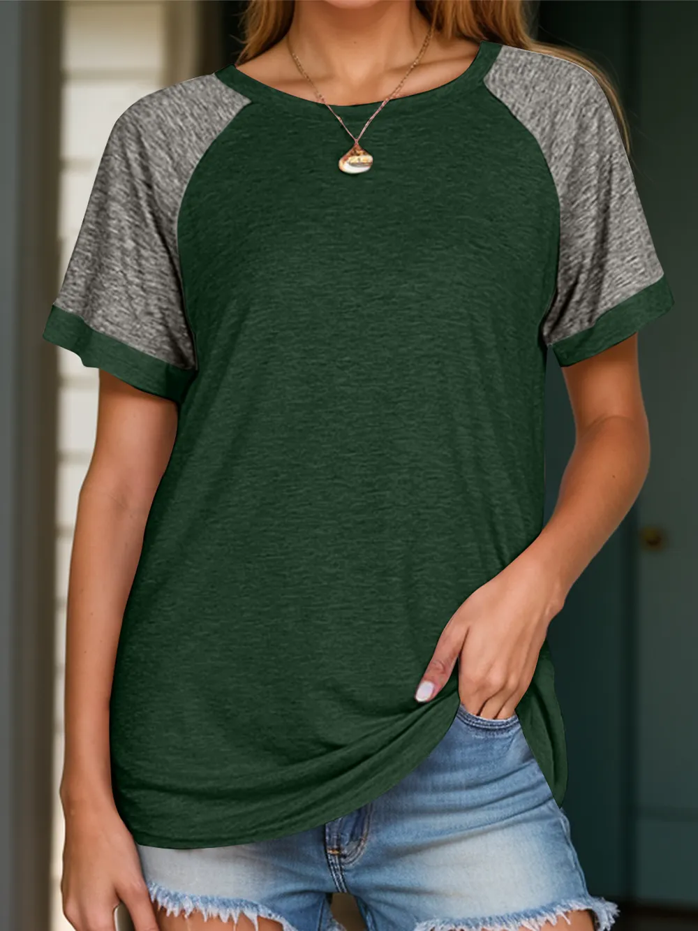Full Size Contrast Round Neck Short Sleeve T-Shirt, image 16
