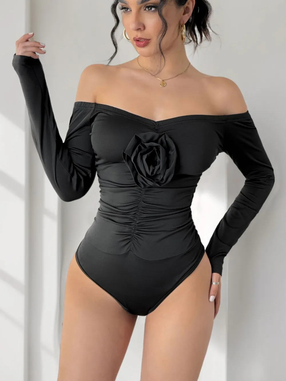 Ruched Flower Off-Shoulder Long Sleeve Bodysuit, image 2