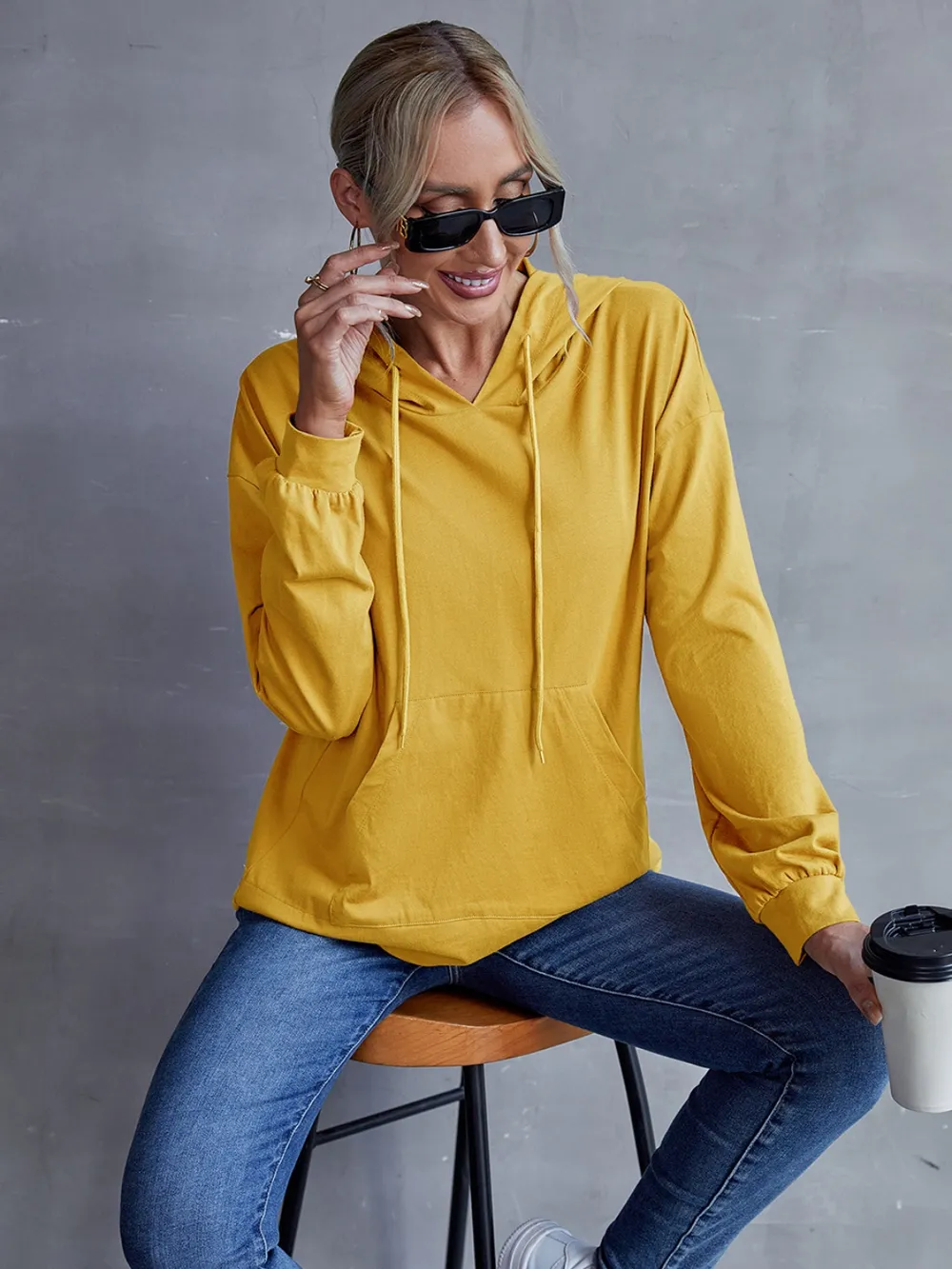 Drawstring Pocketed Dropped Shoulder Hoodie, image 3