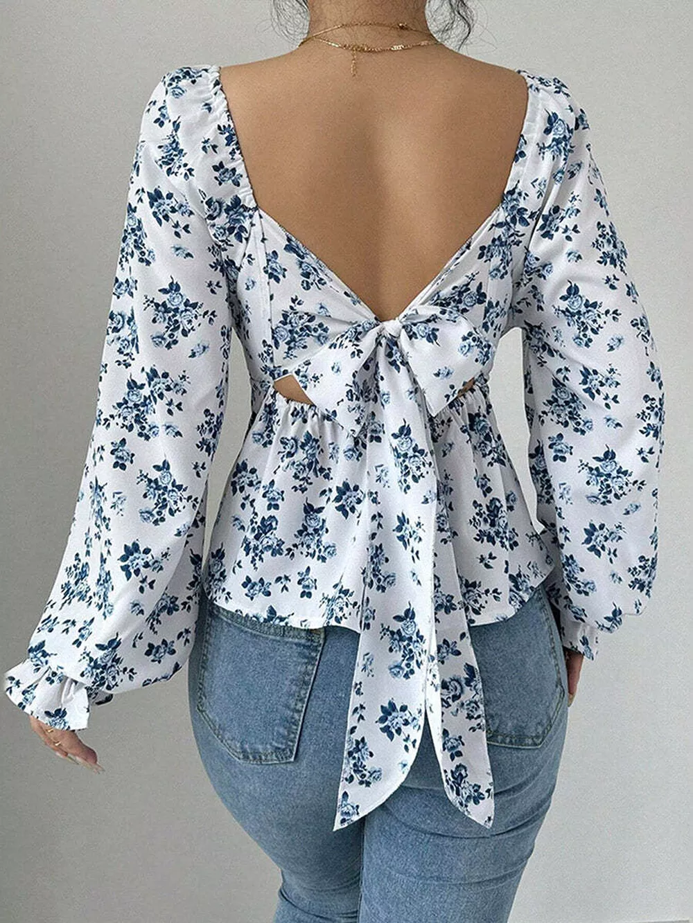 Floral Print Square Neck Peplum Blouse, image 2