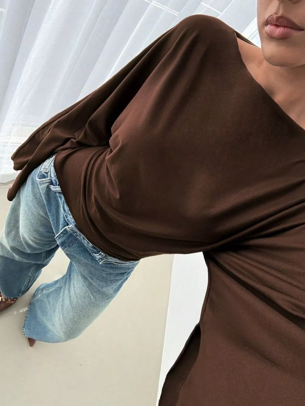 Boat Neck Slit Batwing Sleeve Top, image 5