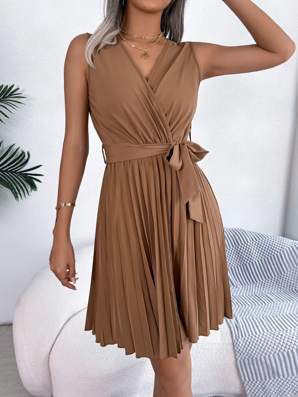 Tied Surplice Sleeveless Pleated Dress, image 15