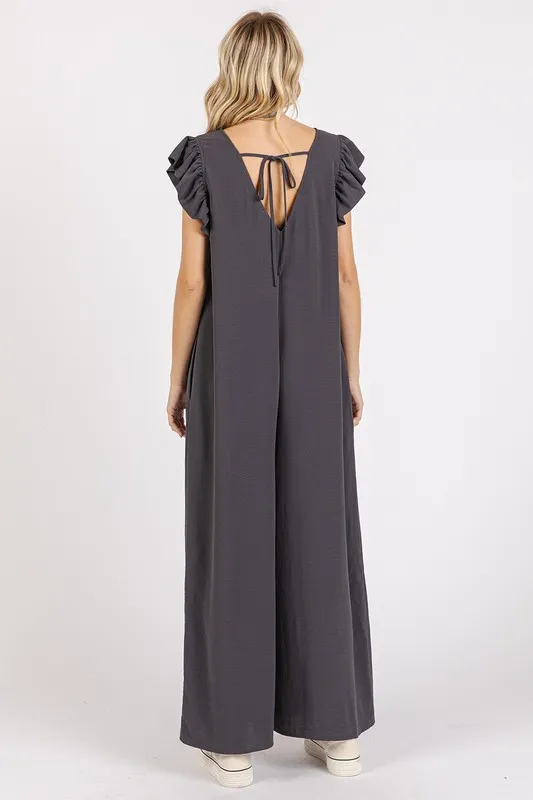 V-Neck Ruffled Cap Sleeve Wide Leg Jumpsuit, image 2