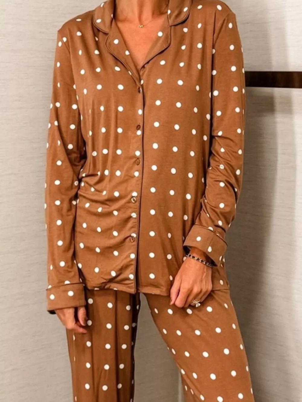 Polka Dot Button-Down Top and Pants Lounge Set, image 2