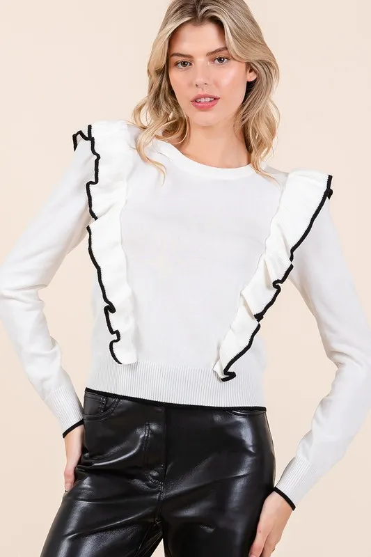 Contrast Trim Ruffled Round Neck Knit Top, image 5