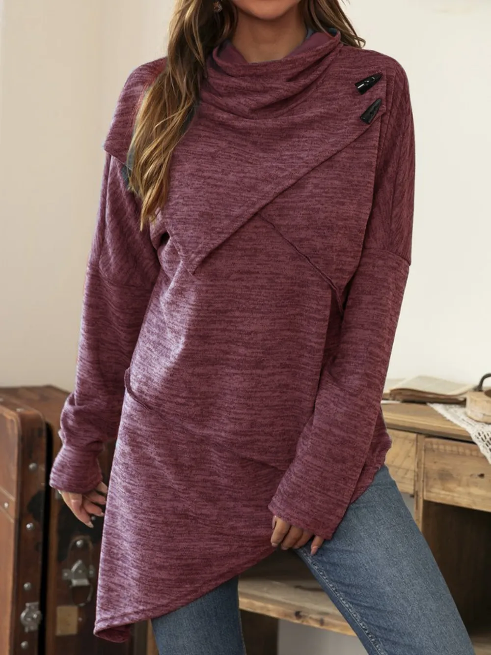 Asymmetrical Hem Cowl Neck Long Sleeve T-Shirt, image 10