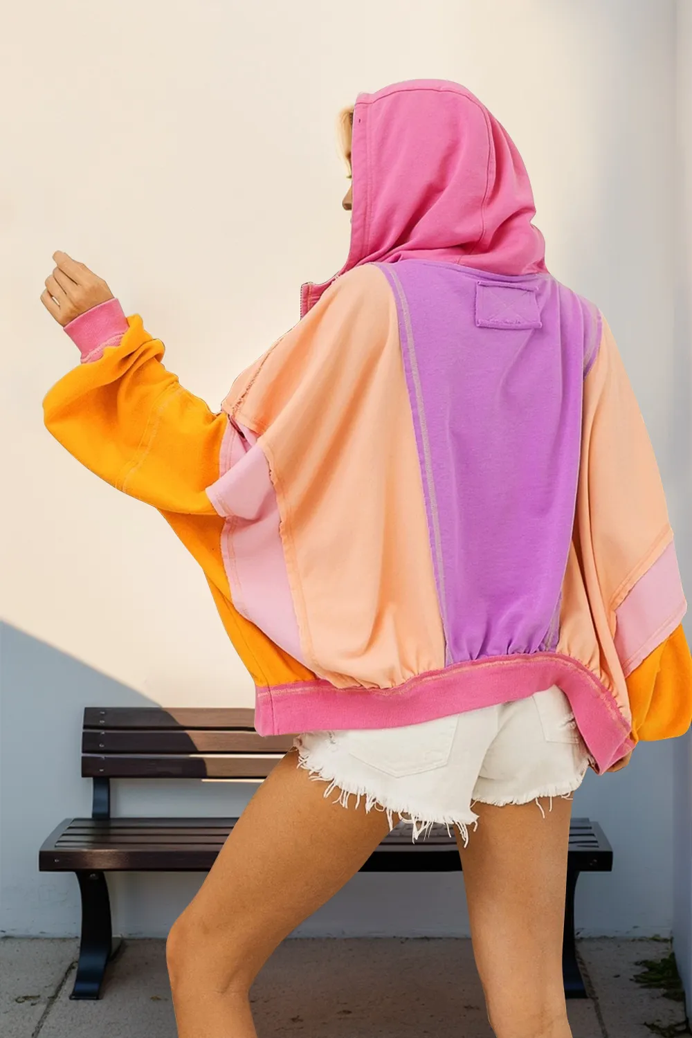 Full Size Color Block Zip Up Hoodie, image 3